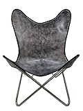 Shy Shy Let's Touch The Sky Leather Chair Living Room Chairs- Grey Leather Butterfly Chair -Handmade with Powder Coated Folding Iron Frame (Vintage Cover with Frame) (Silver Frame)