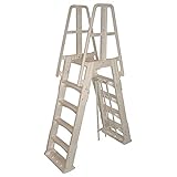 Vinyl Works SLA A-Frame 48-56 Inch Adjustable Above Ground Swimming Pool Ladder Entry System with Slide Lock Barrier and Handrails, Taupe