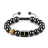 FRG Initials Bracelets for Men Letter Link Handmade Natural Black Onyx Tiger Eye Stone Beads Braided Rope Meaningful Bracelet (obsidian-J, obsidian)