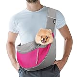 Pawaboo Pet Dog Sling Carrier, Hand Free Drawstring Dog Papoose with Adjustable Strap, Breathable Mesh Bag for Puppy Cat, Crossbody Satchel Dog Purse with Pocket for Outdoor Travel, Rose Red, Large