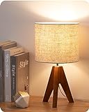 EDISHINE Tripod Table Lamp, Small Cute Bedside Lamp with Linen Beige Lampshade, Nightstand Lamp for Nursery, Bedroom, Kid Room, Living Room, Light Brown Wooden Base, E26 Socket, 14.2 Inch