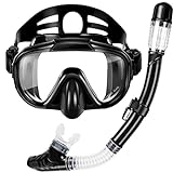 Snorkel Set, Dry Top Snorkeling Gear for Adults, Panoramic Anti-Leak and Anti-Fog Tempered Glass Lens, Adults Adjustable Snorkeling Set, Scuba Diving Swimming Training Snorkel Kit with Mesh Bag