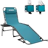 FUNDANGO Outdoor Folding Chaise Lounge Chair with Side Table for Patio, Pool, Lawn, Beach, Sunbathing, 5-Position Adjustable Camping Reclining Chair for Adults with Pillow, Cyan