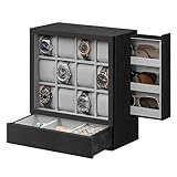 SONGMICS 12-Slot Wooden Watch Box, Christmas Gifts, Watch Display Case with Window, Watch Display Cabinet with Solid Wood Veneer, Velvet Lining, Vertical Storage, Space Saving, Ebony Black UJOW014B01