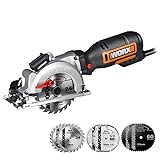WORX WX427L 6A 4-1/2' Compact Circular Saw, Hand-Held Corded Electric Circular Saw w/Laser Cutting Guide, 6 Saw Blades, Ideal for Wood, Plastic & Metal Cutting