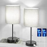 Table Lamps Set of 2 with USB Charging Ports, Grey Bedside Lamps with AC Outlet, Nightstand Lamps with Pull Chain Switch, Minimalist Modern Desk Lamps with Fabric Shade for Living Room Bedroom Office