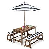 HONEY JOY Kids Picnic Table, Outdoor Wooden Table & Bench Set w/Removable Cushions and Umbrella, Stripe Fabric, Children Backyard Furniture for Patio Garden, Gift for Toddler Boys Girls Age 3+(Blue)