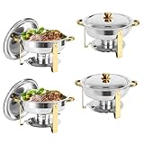 IMACONE Chafing Dish Buffet Set of 4, 5QT Round Stainless Steel Chafer for Catering, Upgraded Chafers and Buffet Warmer Sets w/Food & Water Pan, Lid, Gold Frame, Fuel Holder for Party Wedding Holiday