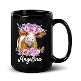 Personalized Name Cow Coffee Mug Cup Gift For Friend Coworker Love Cow, Customized Floral Cow Black Ceramic Mug 11 Oz 15 Oz, Unique Cow Lover Coffee Cup, Cow Animal Tea Cup Gift For Farmer Birthday