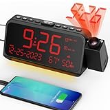 Projection Alarm Clock for Bedroom Ceiling, Digital Clock Projector with Weekday/Weekend Mode, Date, Temperature, Humidity, Type-C USB Charger, Night Light, Dual Alarms, DST, Dimmer,12/24H