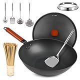Wok Pan with Lid - 13' Nonstick Wok, Carbon Steel Woks & Stir-Fry Pans Set with 7 Cookwares, No Chemical Coated Flat Bottom Chinese wok, for Electric, Induction and Gas Stoves