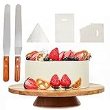 12' Acacia Wood Revolving Cake Stand, Rotating Cake Turntable with 2 Icing Spatulas, 3 Smoothers, Wooden Rotating Display Stand for Cake, Cupcake Decorating Supplies