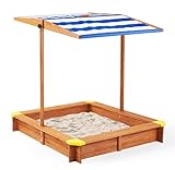 Kid's Sandbox with Cover, 46''x46'' Outdoor Wooden Sandpit w/Adjustable Canopy for Backyard Play