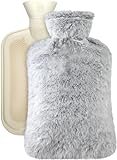 Large Hot Water Bottle with Cover, 2 Litre, Premium Natural Rubber Hot Water Bag, Soft Fleece Cover for Pain Relief, Back, Neck and Shoulders & Warm Cosy Nights (Grey)