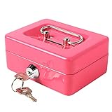 Jssmst Small Cash Box with Lock and Slot, Metal Coin Piggy Bank for Adults and Kids, Pink Locking Money Box