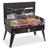 TeqHome Portable Charcoal Grill, Small BBQ Grill Outdoor Folding Barbecue Grill, Foldable Camping Grill with Barbecue Accessories & Lid for Outdoor Cooking Camp Picnic Hiking Beach Party Patio Smokers