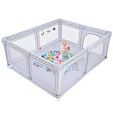 Baby Playpen, ANGELBLISS Playpen for Babies and Toddlers, Extra Large Play Yard with Gate, Indoor & Outdoor Kids Safety Play Pen Area with 3 Plush Toys, Star Print (Grey, 71'×59')