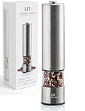 Electric Salt and Pepper Grinder - Single Battery Operated Stainless Steel Salt or Pepper Mill with Light - Automatic One Handed Operation with Adjustable Ceramic Grinder