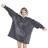 Touchat Wearable Blanket Hoodie, Oversized Sherpa Blanket Sweatshirt with Hood Pocket and Sleeves, Super Soft Warm Plush Hooded Blanket for Kids, One Size Fits All (Grey)