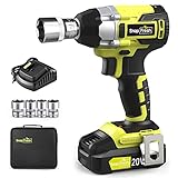 SnapFresh Cordless Impact Wrench, 20V 1/2” Brushless Impact Wrench w/ 335ft-lbs Torque Max, 2300 RPM Variable Speed, 2.0Ah Li-ion Battery & Fast Charger, 4 Pcs Sockets