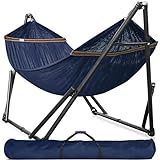 Tranquillo Double Hammock with Stand Included for 2 Persons/Foldable Hammock Stand 600 lbs Capacity Portable Case - Inhouse, Outdoor, Camping, Aegean