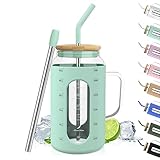 Cafezi 50 oz Glass Tumbler with Handle,Glass Water Bottles with Straw and Bamboo lid,Motivational Water Tumber Cup with Time Marker,Silicone Sleeve BPA Free