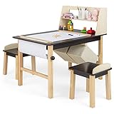 Costzon Kids Art Table and Chair Set, Wooden Drawing Painting Craft Center with Paper Roll, 2 Markers, 2 Storage Bins, Kids Activity Play Table with 2 Stools for Boys Girls Ages 3+ (Brown)