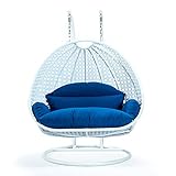 LeisureMod White Wicker 2 Person Double Hanging Swing Egg Chairs Patio Indoor Outdoor Use Lounge Chair (Blue)
