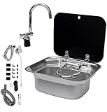 Bar Caravan RV Sink with Folding Faucet &Lid, Stainless Steel Sink Hand Wash Basin Boat Sink Caravan Van Sink, Small Outdoor RV Kitchen Sink Trailer Camper Sink Bar Sink with Cover and B Tap
