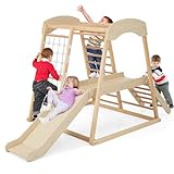 Costzon 6-in-1 Indoor Jungle Gym, Large Size Montessori Climbing Toys for Toddlers with Monkey Bars, Slide Ramp, Climbing Net, Wooden Playground Climber Playset for Kids Presents