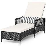 Tangkula Patio Wicker Chaise Lounge Chair, Outdoor Rattan Reclining Chaise w/ 6-Gear Adjustable Backrest, Thick Padded Cushion & Removable Lumbar Pillow, Ideal for Lawn, Beach, Balcony (Black)