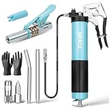SHALL Grease Gun, 7000 PSI Heavy Duty Pistol Grip Grease Gun Kit w/Grease Gun Coupler, 18” Spring Flex Hose, Reinforced Coupler, 2 Extension Rigid Pipe, Sharp Nozzle, Fittings Cleaner | 14oz Load