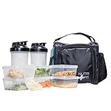 NUTRIFIT Large Meal Prep Bag for Men and Women - Insulated Lunch Box Cooler with 6 Stackable Food Containers BPA-Free Reusable - Pocket Vitamins Pill Case - Shaker Bottle and Ice Packs Included
