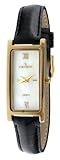 Peugeot Women's Slim 14K Gold Plated White Mother of Pearl Dial Black Leather Thin Strap Dress Watch 3017BK