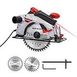 Circular Saw, 1500W Powerful Circular Saws with Laser Guide, 4700RPM Compact Circular Saw with 2 Saw Blades (24T+ 40T) 0-90° Adjustment, Electric Saw for Wood, Branches, Compressed Boards, PVC Pipes