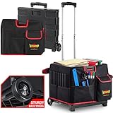 Foldable Utility Cart, 25 Multi-Pocket Organizer Bag Set Wheeled Rolling Crate Heavy Duty Grocery Cart with Telescoping Handle 120 LB Capacity Collapsible Rolling Handcart for Tools Office Luggage