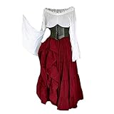 Wraith of East Women's Renaissance Medieval Costume Flare Sleeve Corset Skirt Overskirt Elven Archer Fancy Dress Irish Over Gown 2pcs Set (XL, 118-Wine Red)