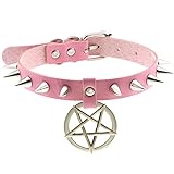 FM FM42 Pink PU Simulated Leather Silvert-tone Spikes Rivets Pentagram Star Belt Adjustable Collar Choker Necklace