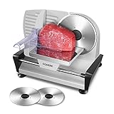 FOHERE 200W Meat Slicer for Home Use, Electric Food Slicer with Two 7.5' Sharp Stainless Steel Blade(Serrated + Smooth) & 0-15mm Precise Thickness Cut Deli Food, Meat, Bread, Fruit, Vegetable, Silver