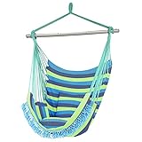 Gold Armour Hammock Chair Hanging Rope Swing Max 500lbs, 2 Seat Cushions Included, Hanging Chair with Pocket-Quality Cotton Weave for Superior Comfort & Durability (Blue Green Stripe)