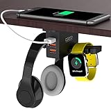 cozoo Headphone Stand with USB Charger Under Desk Headset Holder Mount with 3 Port USB Charging Station and iWatch Stand Smart Watch Charging Dock Dual Earphone Hanger Hook,UL Tested