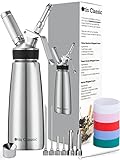 Whipped Cream Dispenser Stainless Steel - Professional Whipped Cream Maker - Gourmet Cream Whipper - Large 500ml / 1 Pint Canister - 3 Decorating Nozzles, 4 Injector Tips and 5 Colored Silicone Grips