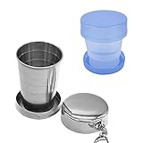 Travel Stainless Steel Collapsible Cup 240ML with Metal Telescopic Keychain,With Plastic Collapsible Cups,BPA-Free Silicone,Portable Foldable,Water,Coffee,Tea, Snacks for Hiking,Camping,Picnic