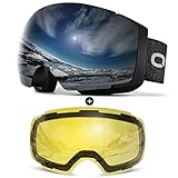 Odoland Magnetic Interchangeable Ski Goggles with 2 Lens, Large Spherical Frameless Snow Snowboard Goggles for Men Women, Black Frame Sliver Lens vlt 10%