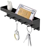 MKO Key Holder for Wall Decorative - Mail Organizer and Key Rack with Tray for Hallway Kitchen Farmhouse Decor,Stainless Steel Key Hooks Mail Holder Wall Mounted - 6 Hooks (Black)