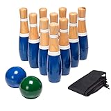 Backyard Lawn Bowling Game – Indoor and Outdoor Family Fun for Kids and Adults – 10 Wooden Pins, 2 Balls, and Mesh Carrying Bag by Hey! Play! (8-Inch), Blue & White