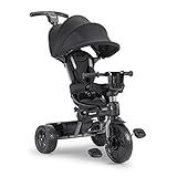Joovy Tricycoo 4.1 Kids Tricycle with 4-Stages Featuring Extra-Wide Front Tire, Removable and Adjustable Parent Handle, Safety Harness, Machine-Washable Seat Pad, and Retractable Canopy (Black)
