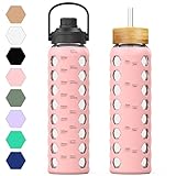MUKOKO 32oz Glass Water Bottles with 2 Lids-Handle Spout Lid&Bamboo Straw Lid, Motivational Water Tumbler with Time Marker Reminder and Silicone Sleeve, Leakproof-Pink-1 Pack