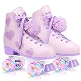 Ruthfot Women's and Girl's Classic Roller Skates with Light up Wheels and Love Heart Pattern, High-top PU Leather Rollerskates Purple