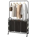 SUOERNUO Laundry Sorter 3 Bag Laundry Hamper Cart with Clothes Hanging Bar Rolling Lockable Wheels and Removable Bags for Laundry Room Bathroom Bedroom Clothes Storage, Black